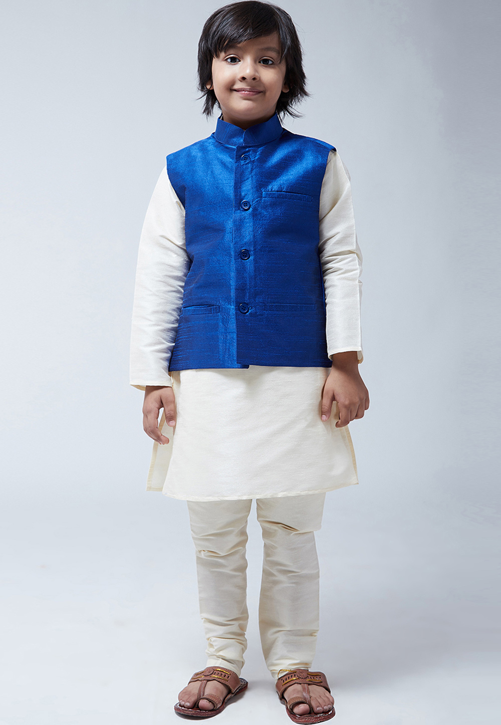 Off White Silk Kids Readymade Kurta Pajama With Nehru Jacket 190731