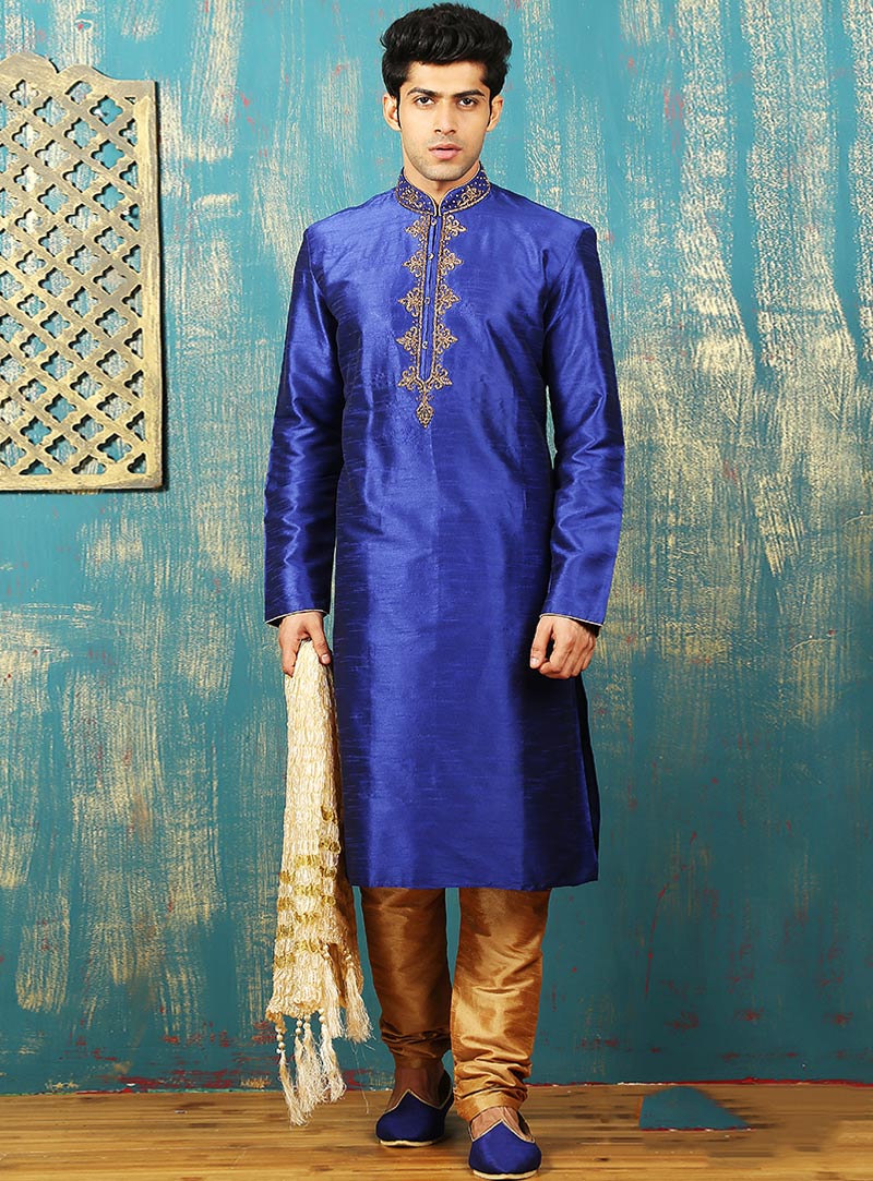 Blue Art Silk Readymade Kurta With Churidar 87957