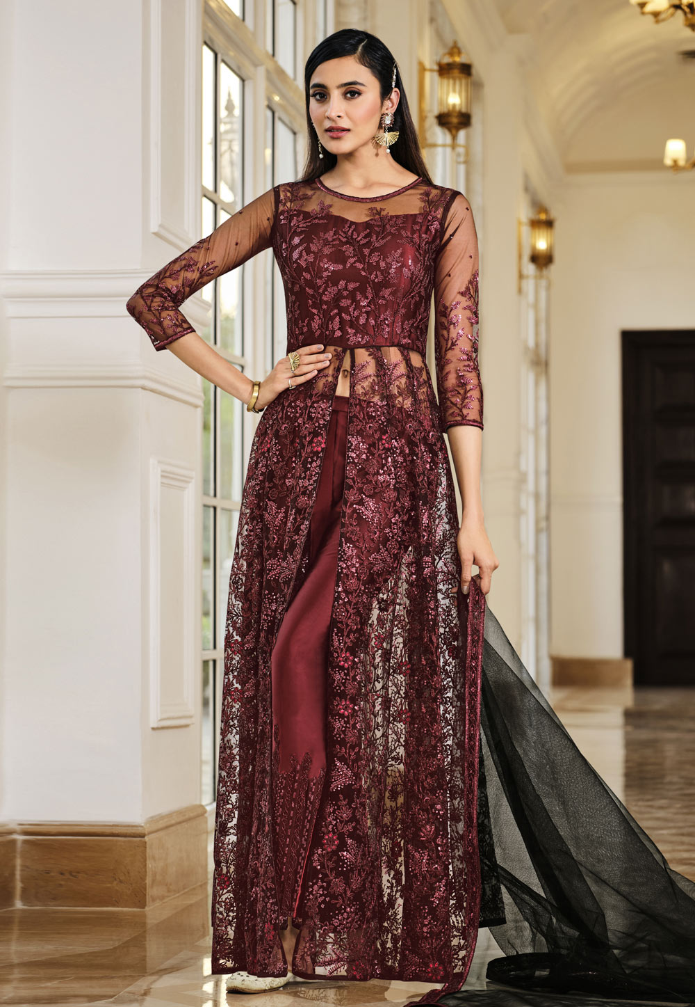 Wine Net Embroidered Pant Style Suit 242531