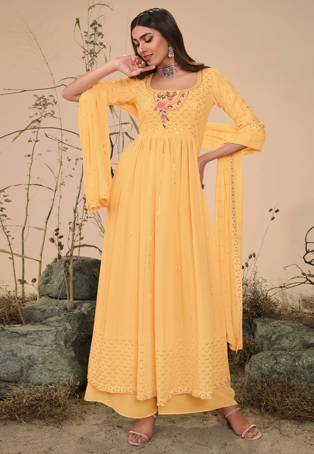 Yellow Georgette Palazzo Suit 258839