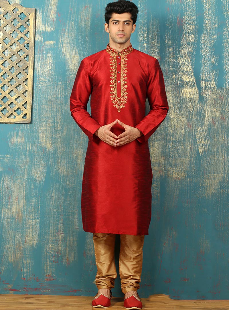 Red Banarasi Silk Readymade Kurta Pajama 87978