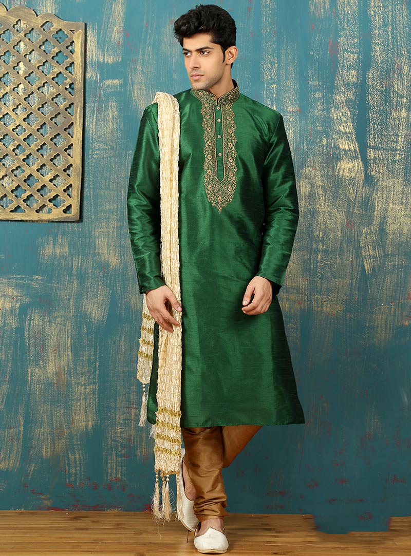 Green Art Silk Readymade Kurta With Churidar 87979