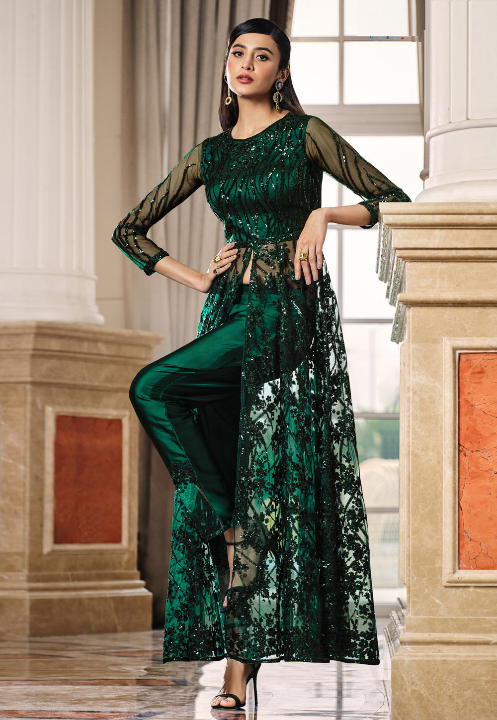 Green Net Embroidered Pant Style Suit 242535