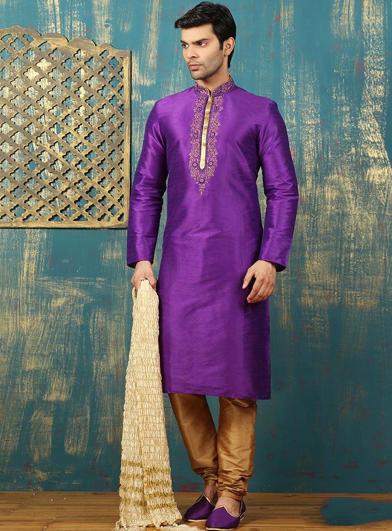 Purple Art Silk Readymade Kurta With Churidar 87988