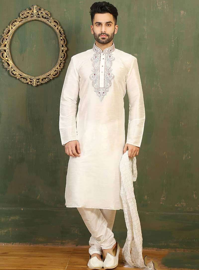 White Art Silk Readymade Kurta With Churidar 87991