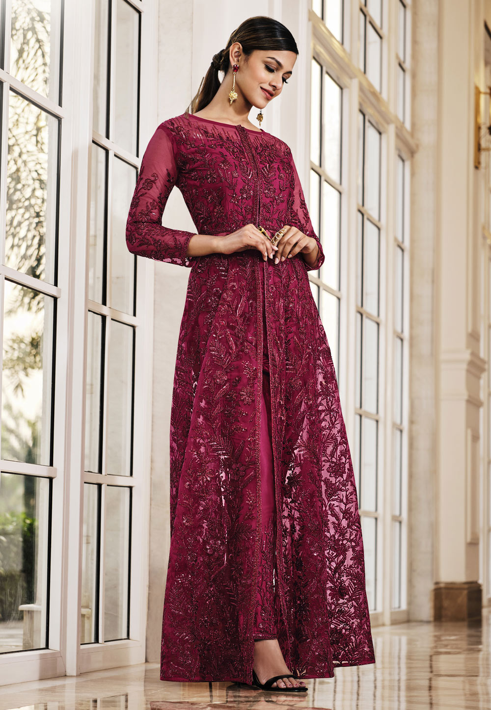 Magenta Net Embroidered Pant Style Suit 242537