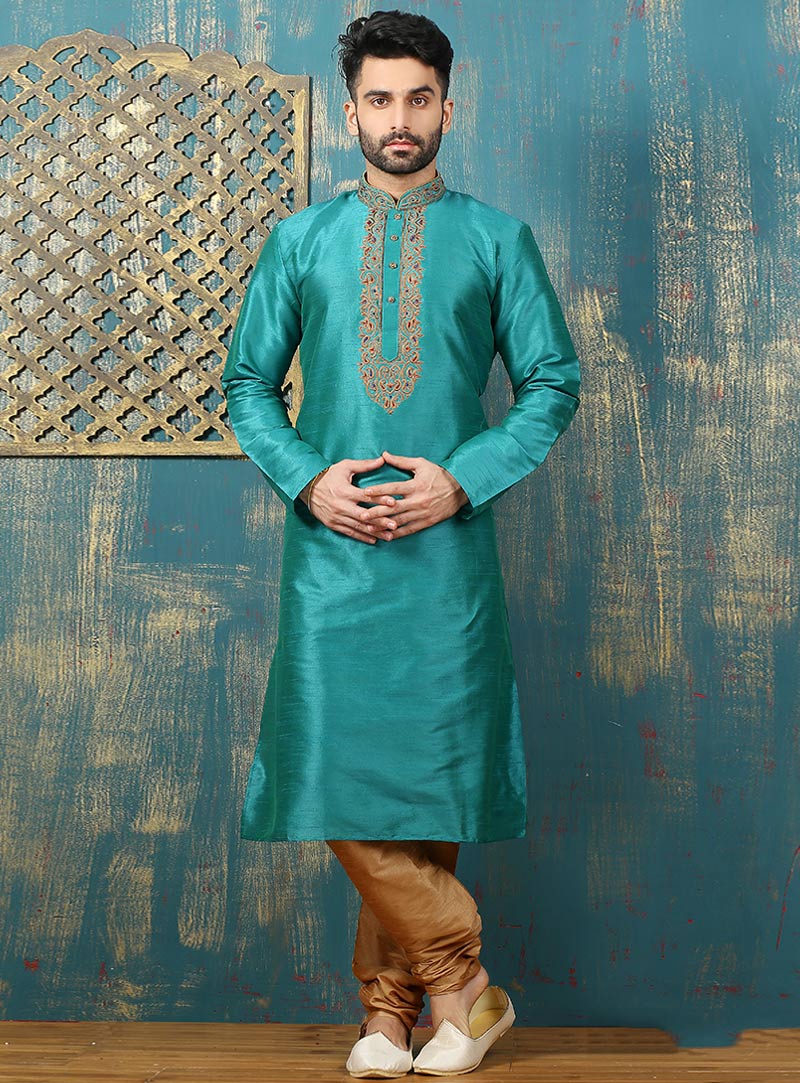 Turquoise Art Silk Readymade Kurta With Churidar 87992