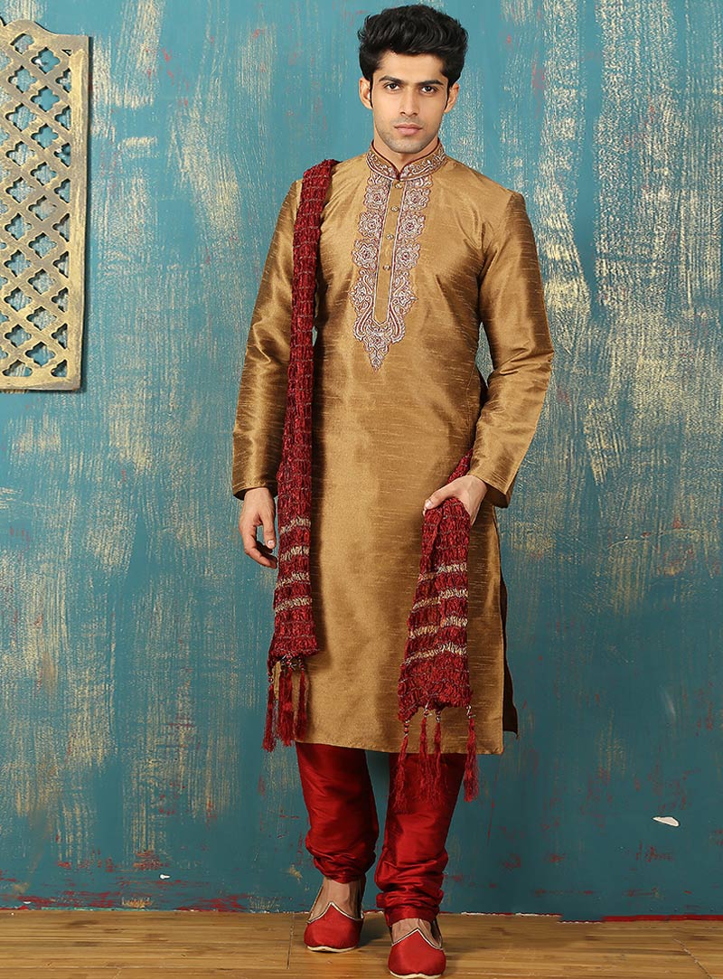 Golden Art Silk Readymade Kurta With Churidar 87998