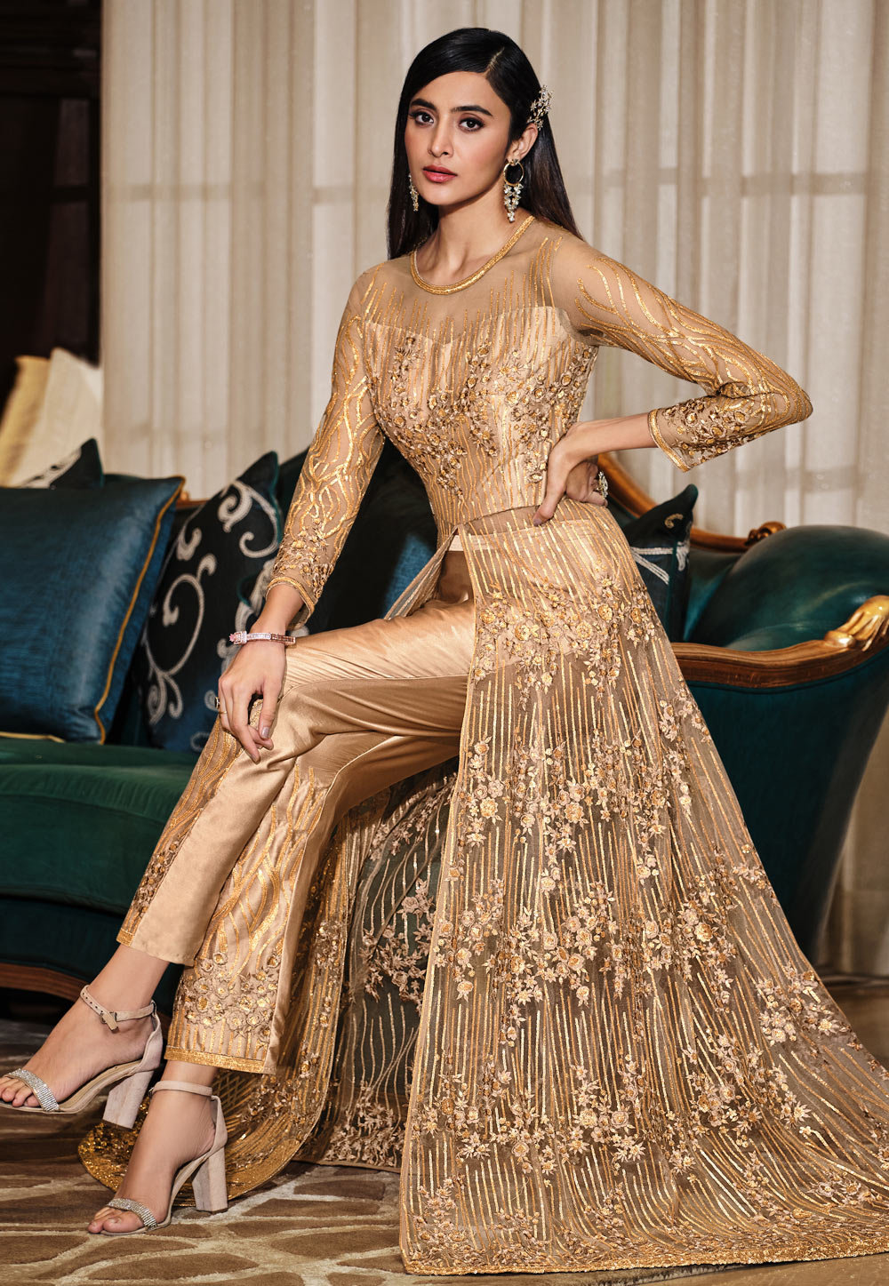 Golden Net Embroidered Pant Style Suit 242539