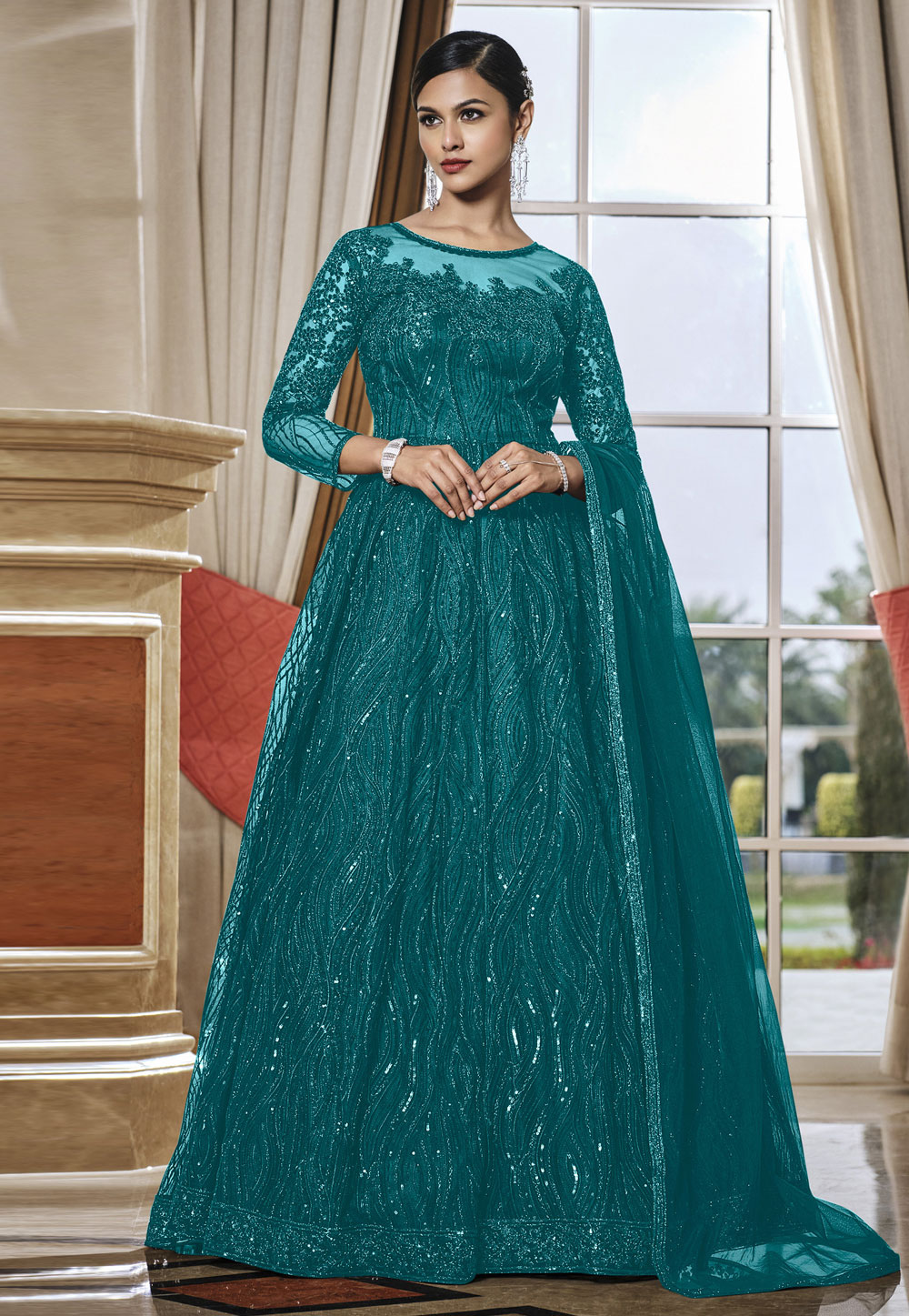 Teal Net Abaya Style Anarkali Suit 251595