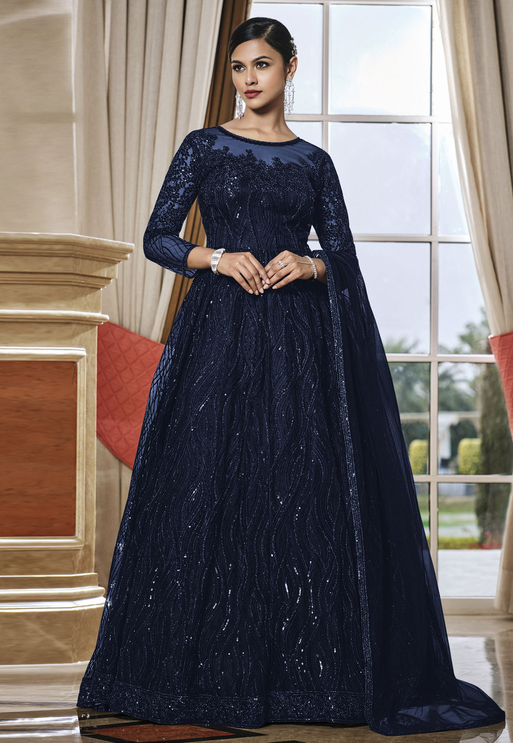 Navy Blue Net Abaya Style Anarkali Suit 251597