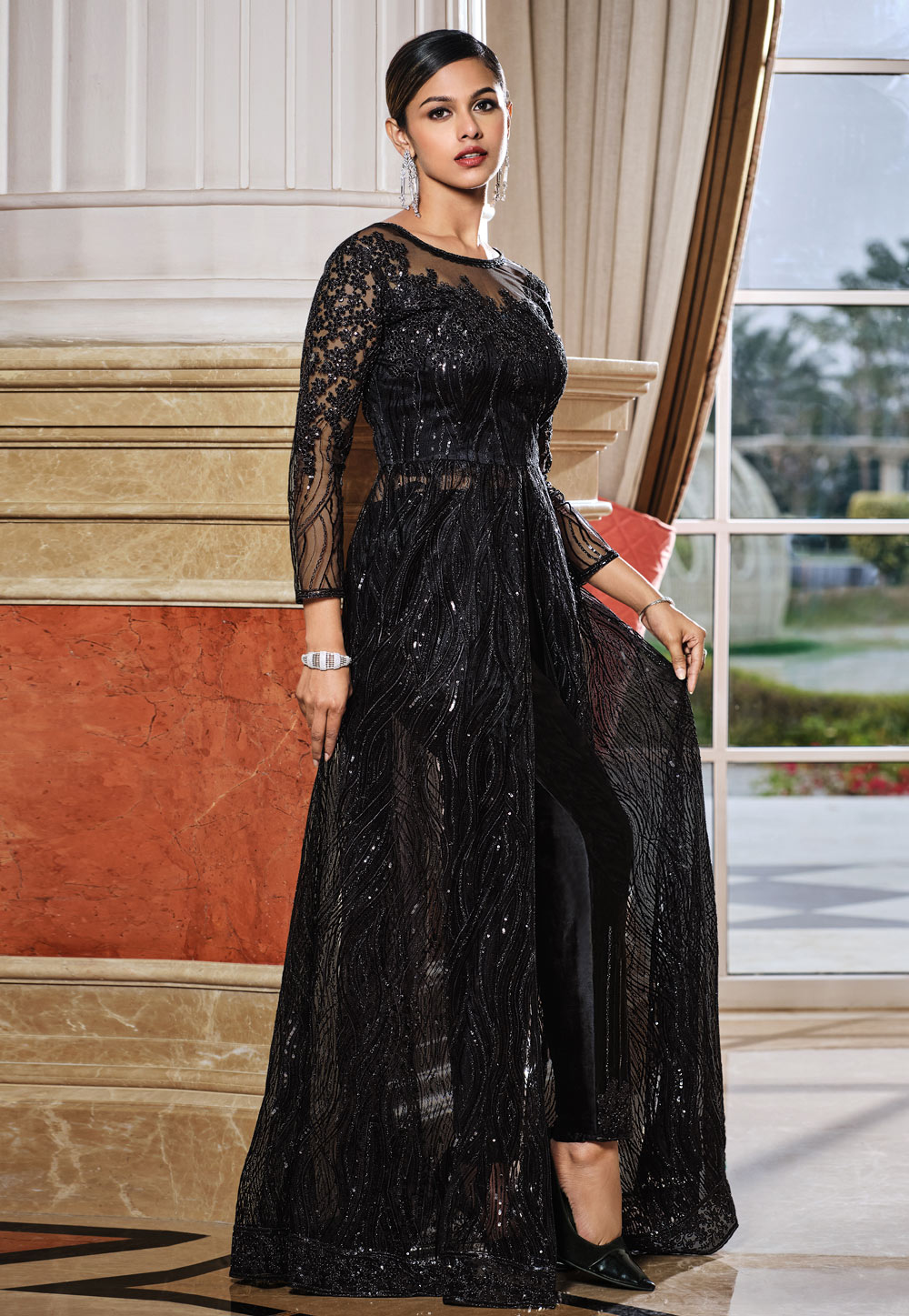 Black Net Embroidered Pant Style Suit 242541