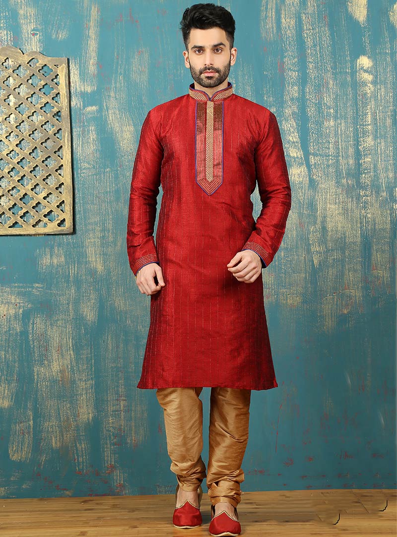 Red Art Silk Readymade Kurta With Churidar 88074