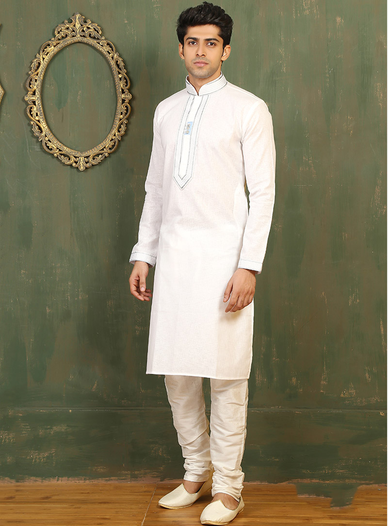 White Cotton Readymade Kurta Pajama 88081