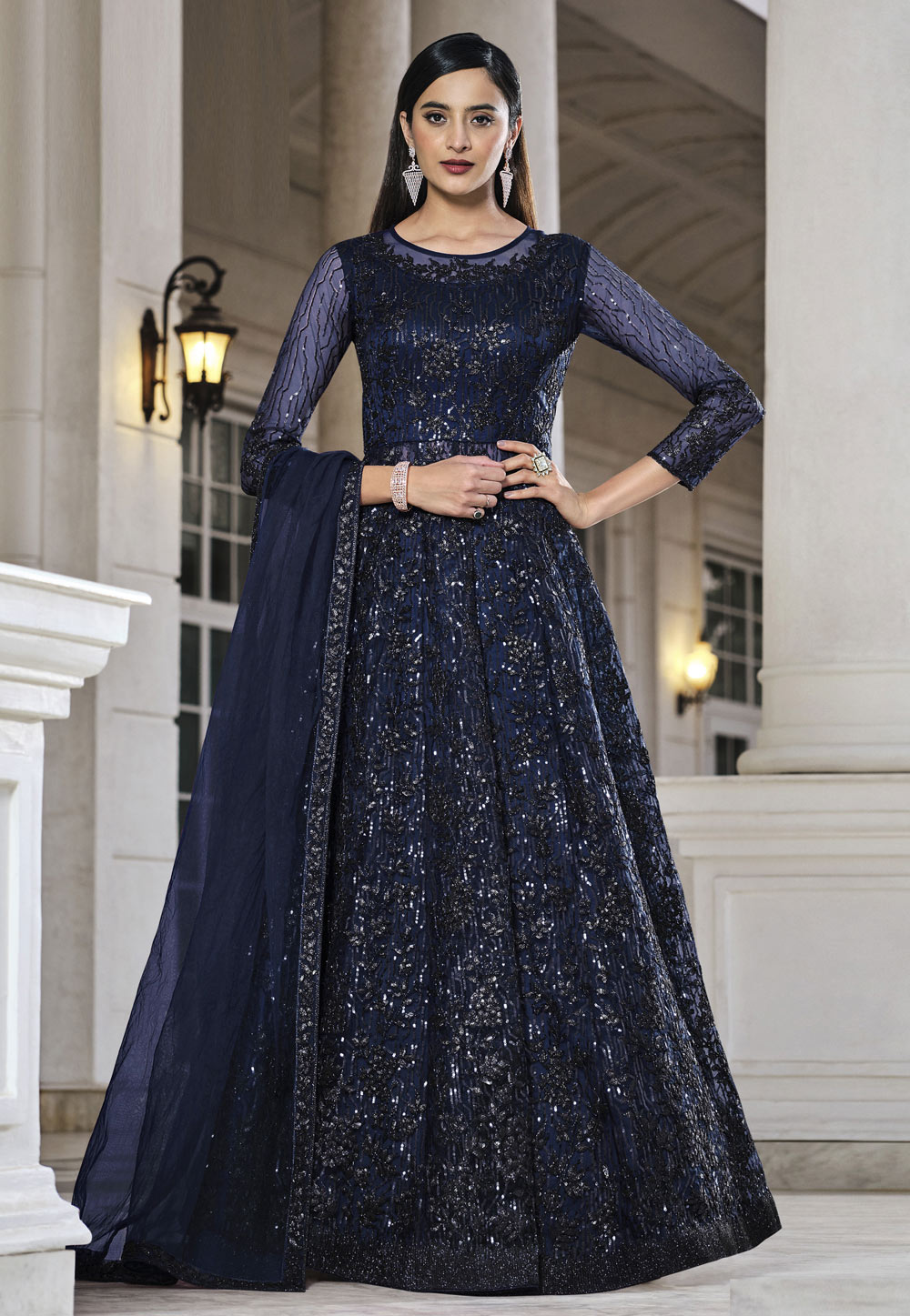 Navy Blue Net Long Anarkali Suit 258061