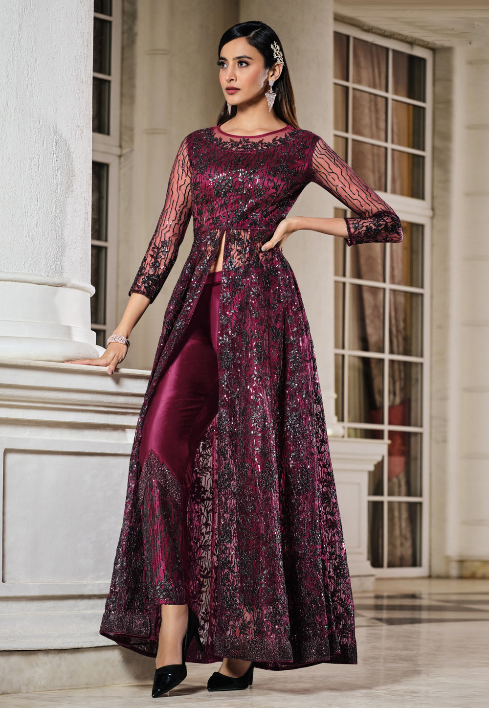 Magenta Net Embroidered Pant Style Suit 242545