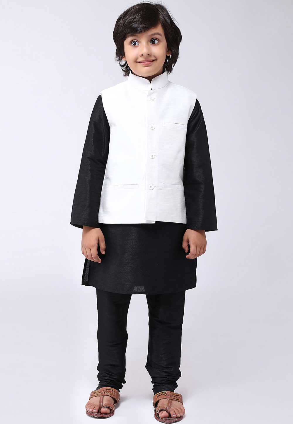 Black Silk Kids Readymade Kurta Pajama With Nehru Jacket 190732