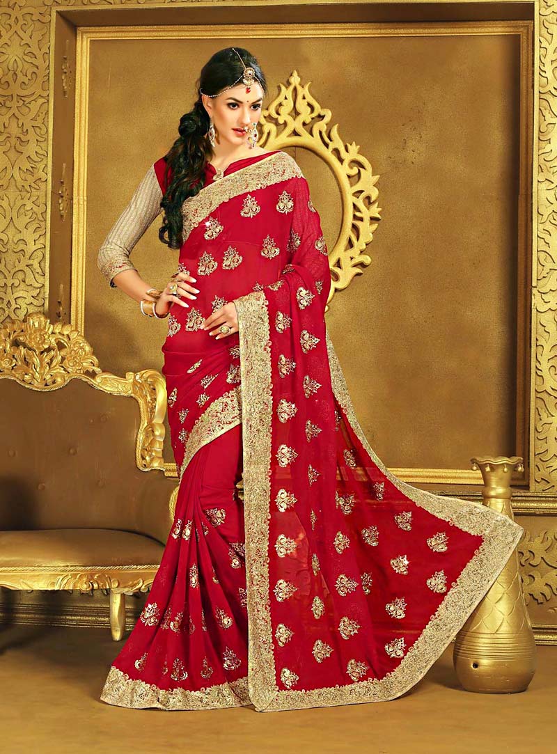 Red Faux Georgette Wedding Saree 69570