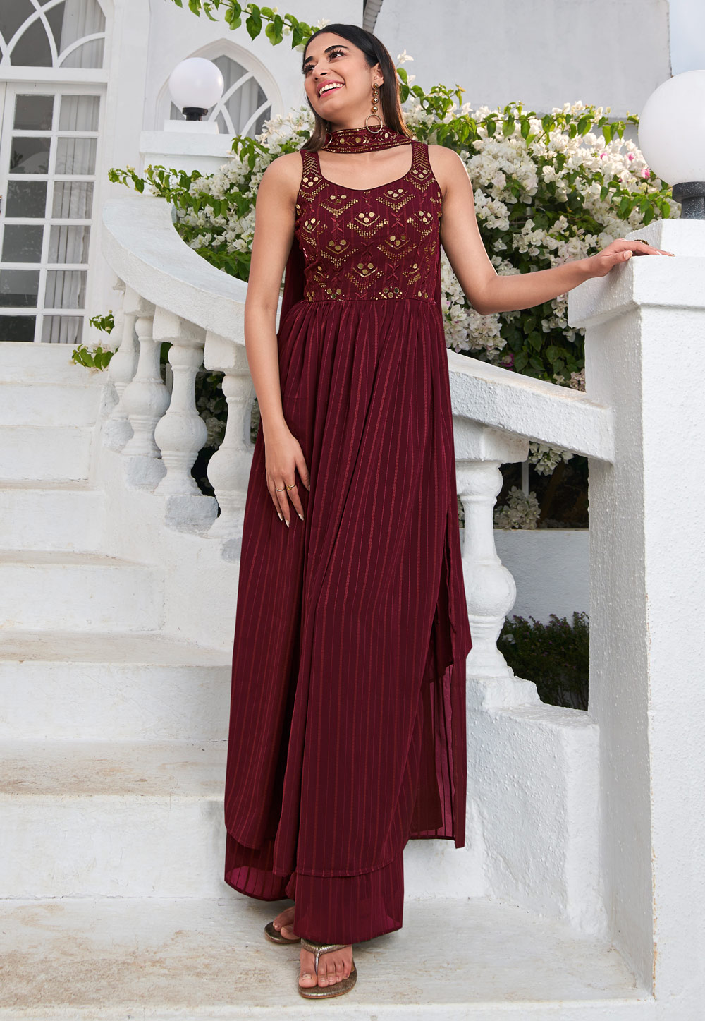 Wine Georgette Readymade Palazzo Suit 262181