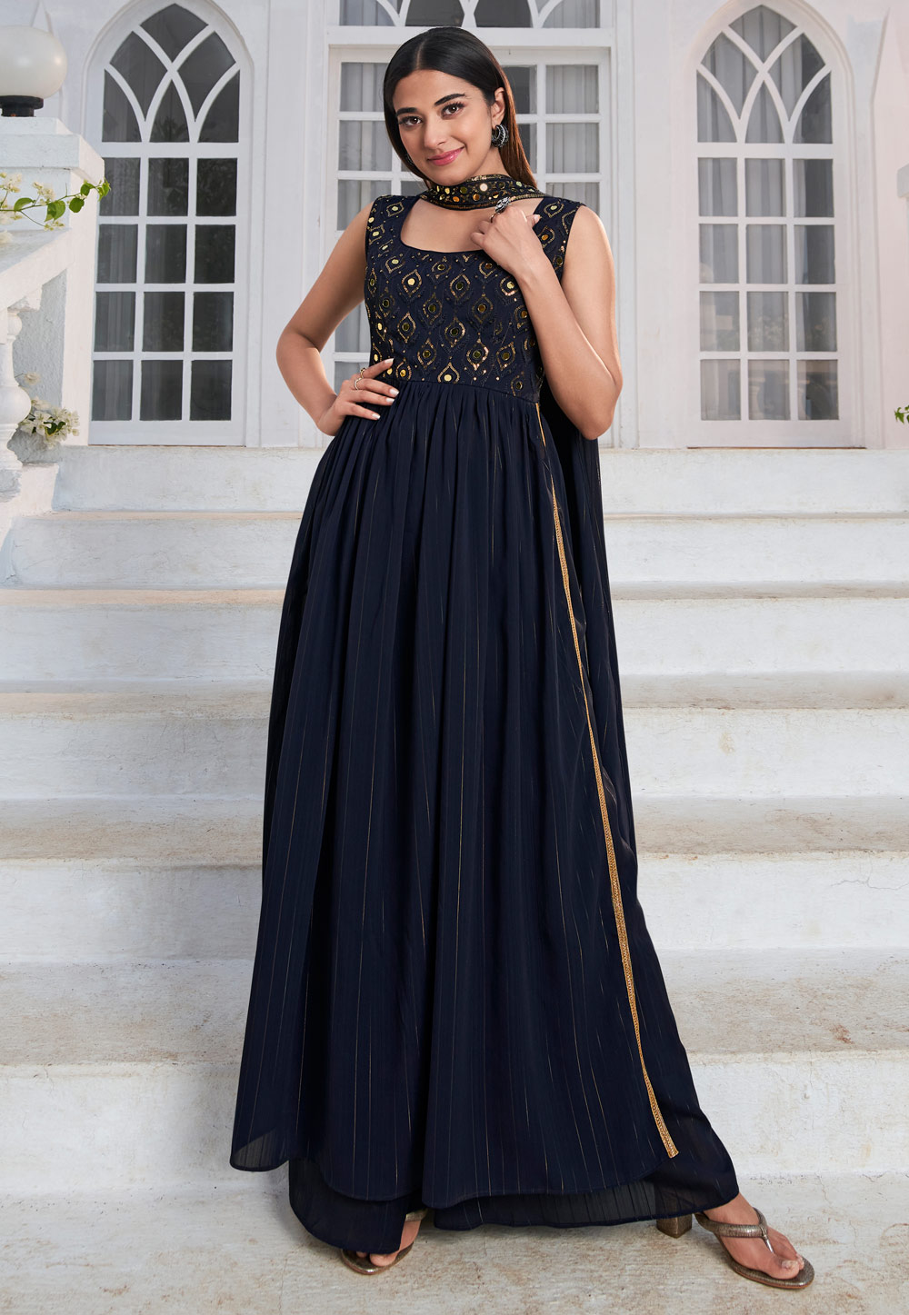 Navy Blue Georgette Readymade Palazzo Suit 262185
