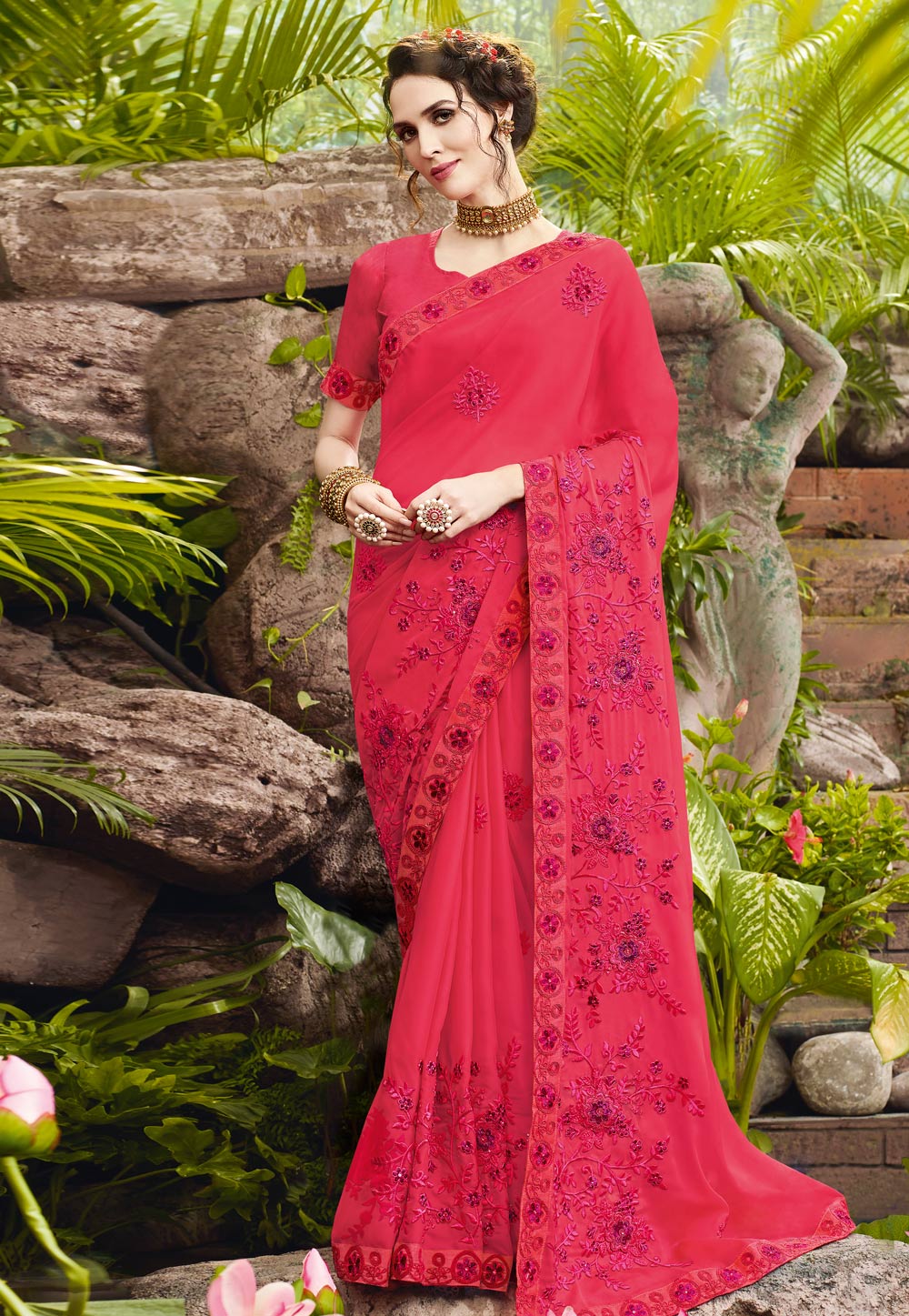Pink Faux Georgette Saree With Blouse 203513