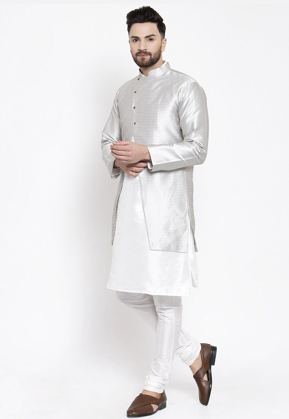 White Dupion Silk Kurta Pajama With Jacket 244485