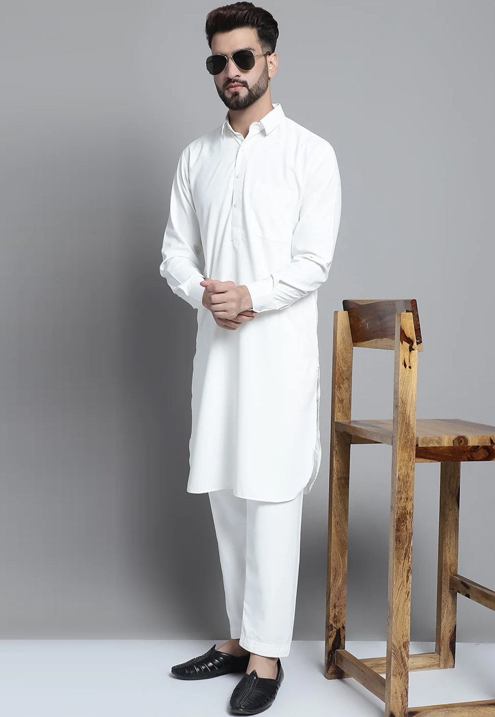 White Cotton Pathani Suit 267747