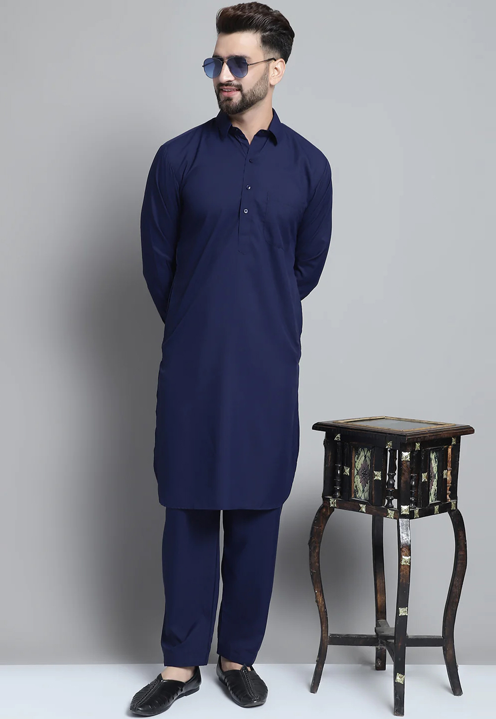 Navy Blue Cotton Pathani Suit 267748