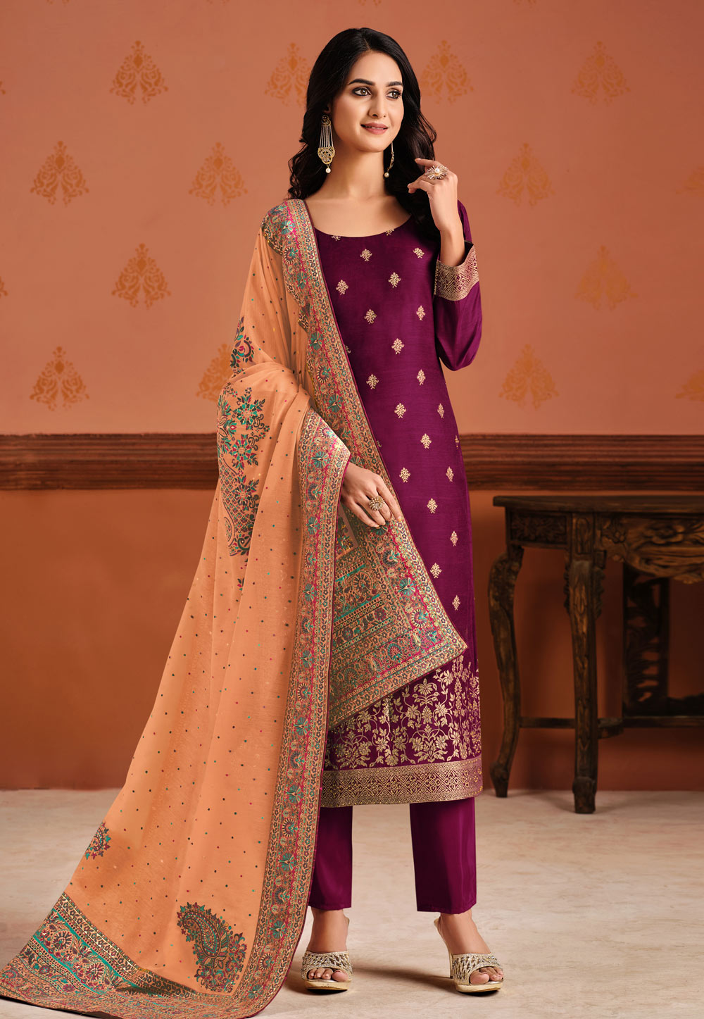 Purple Silk Jacquard Pant Style Suit 249373