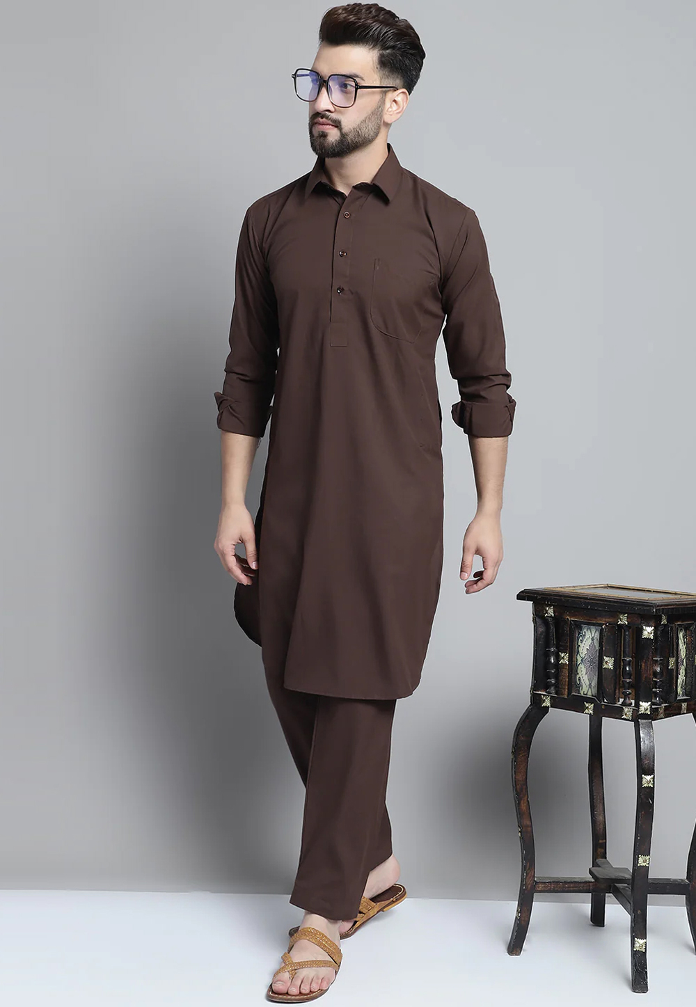 Brown Cotton Pathani Suit 267750