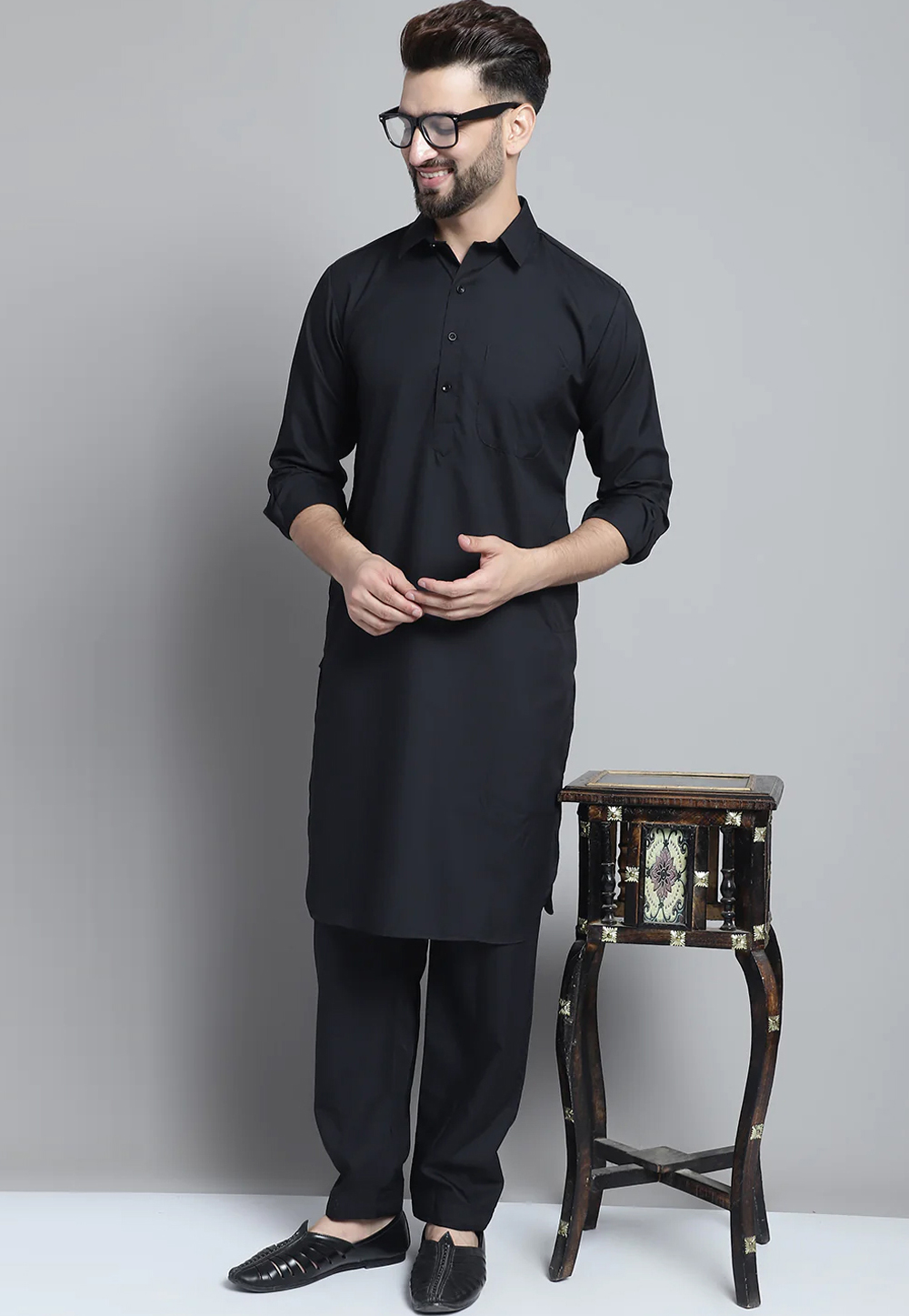 Black Cotton Pathani Suit With Nehru Jacket 590MW48