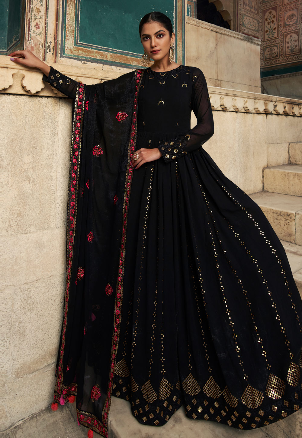 Flowing Beauty: Black Georgette Party Dress – FOURMATCHING