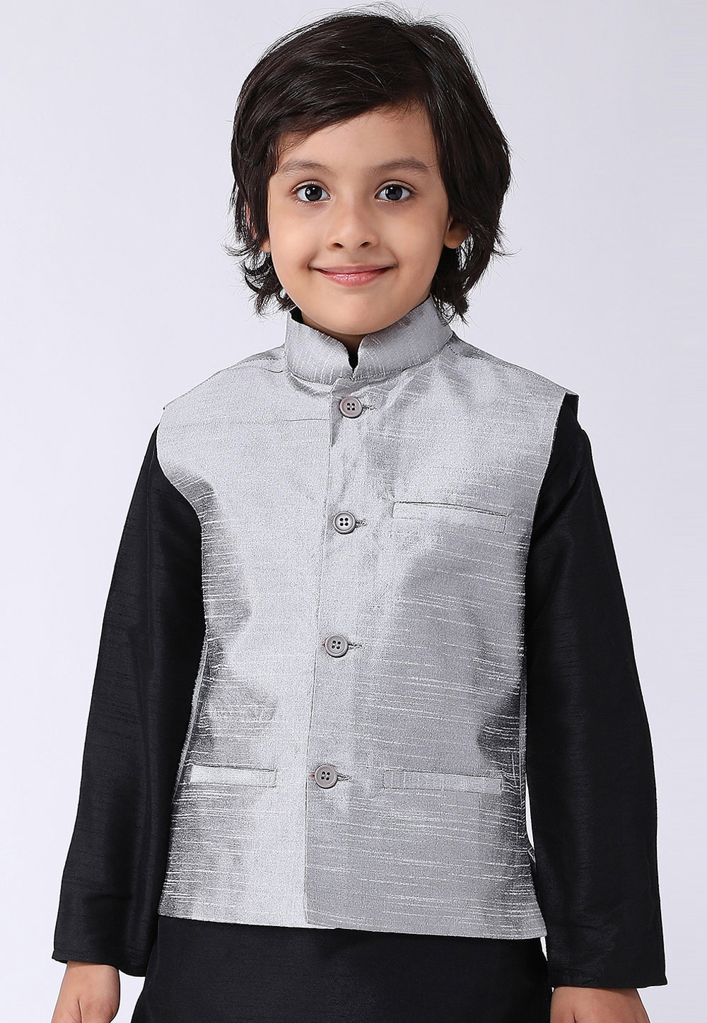 Black Silk Kids Readymade Kurta Pajama With Nehru Jacket 190734