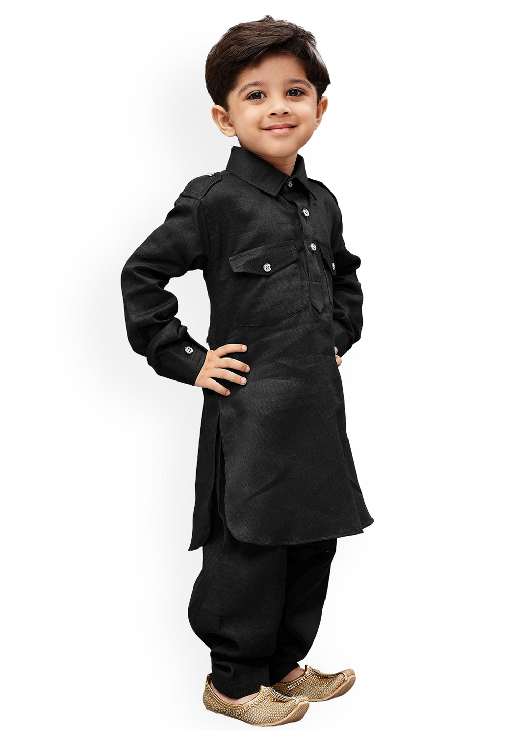 Black Dupion Silk Kids Pathani Suit 216232