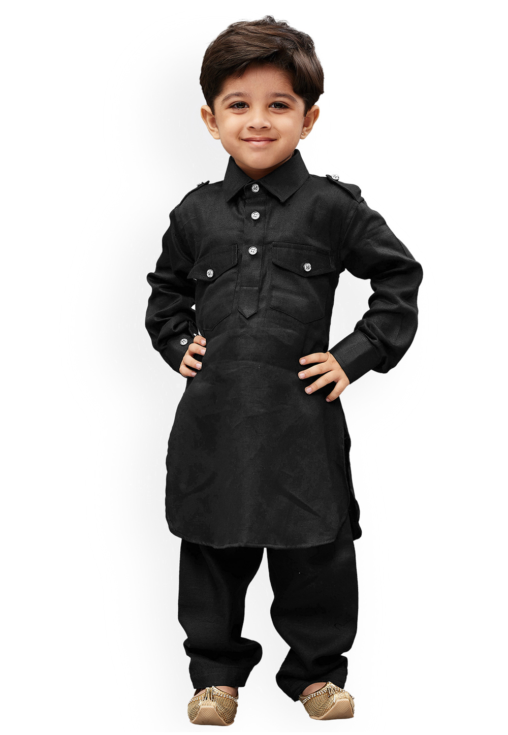 Black Dupion Silk Kids Pathani Suit 216232