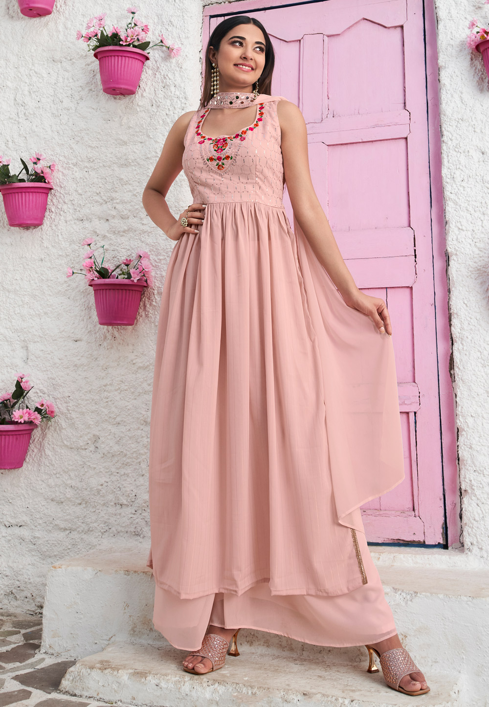 Peach Georgette Readymade Palazzo Suit 265524