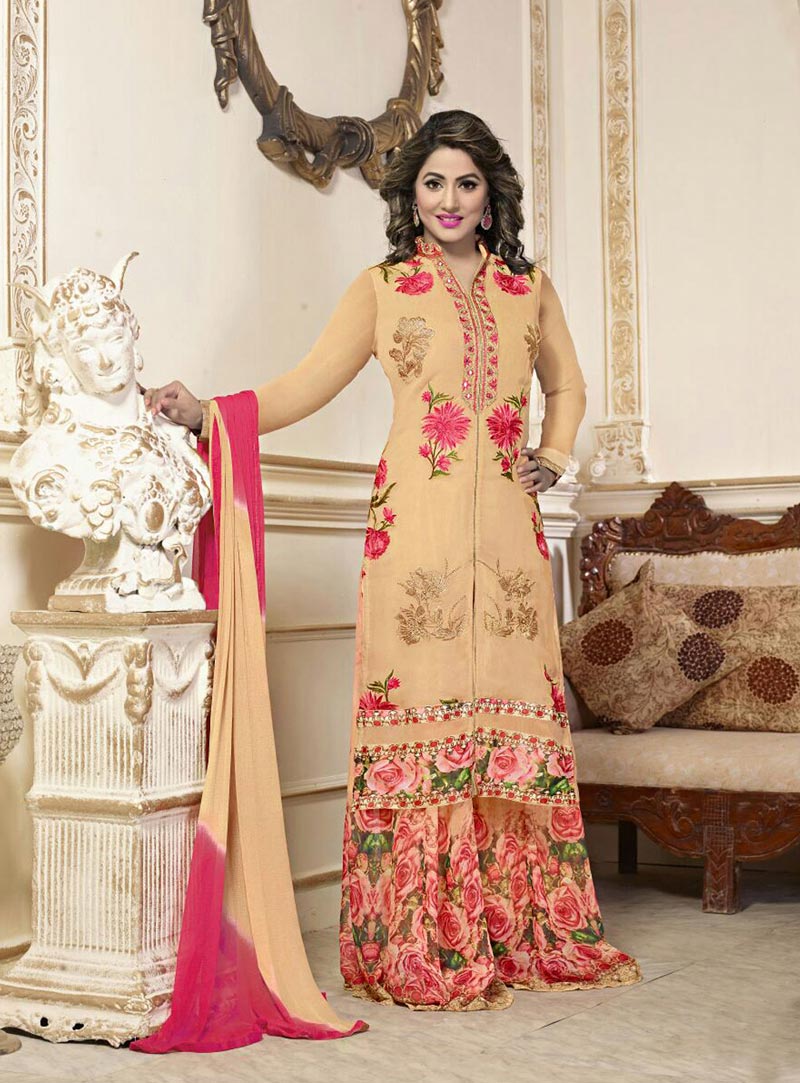 Hina Khan Beige Faux Georgette Palazzo Style Suit 76153