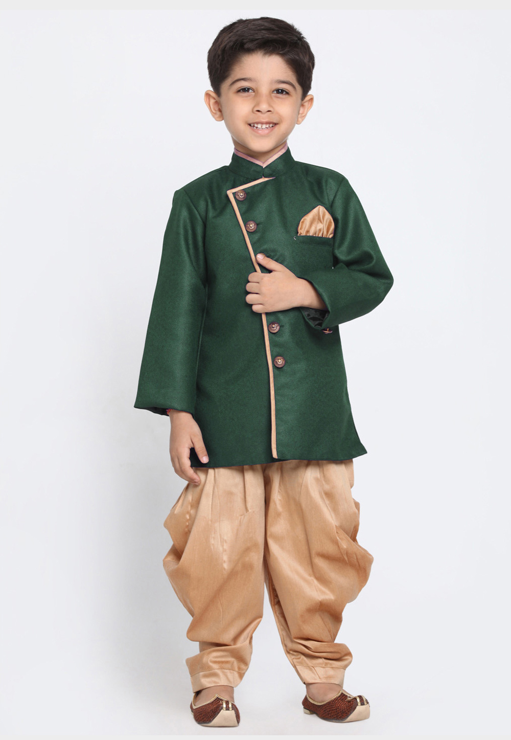 Green Dupion Silk Kids Indo Western Suit 216235