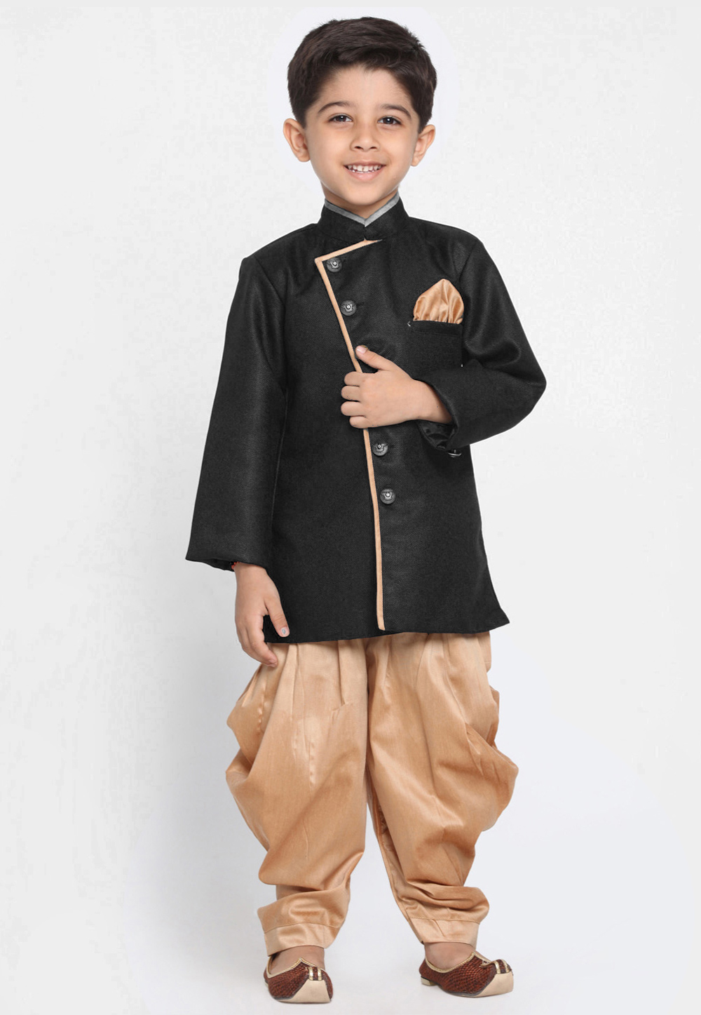 Black Dupion Silk Kids Indo Western Suit 216236