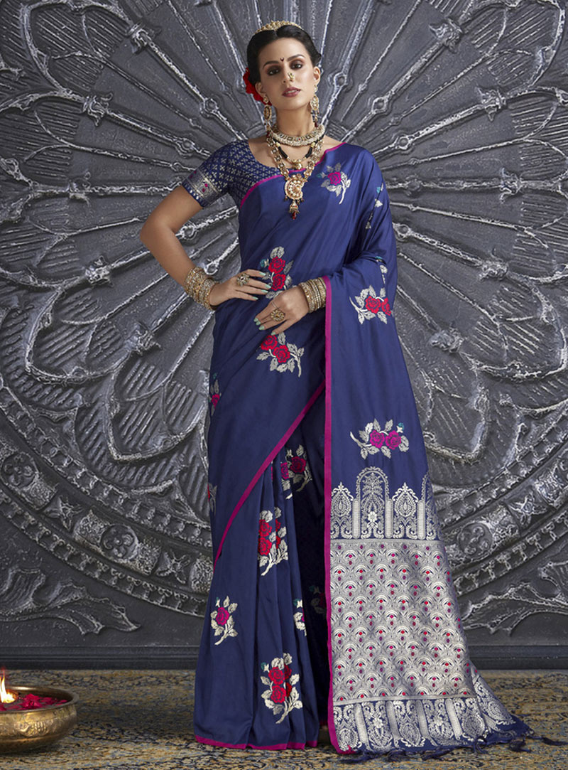 Navy Blue Silk Festival Wear Saree 150900