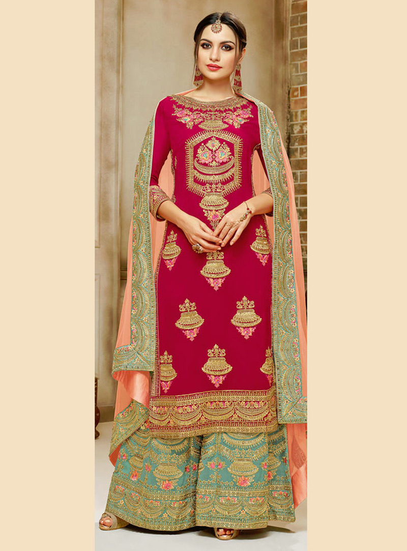 Magenta Faux Georgette Kameez With Palazzo 149514