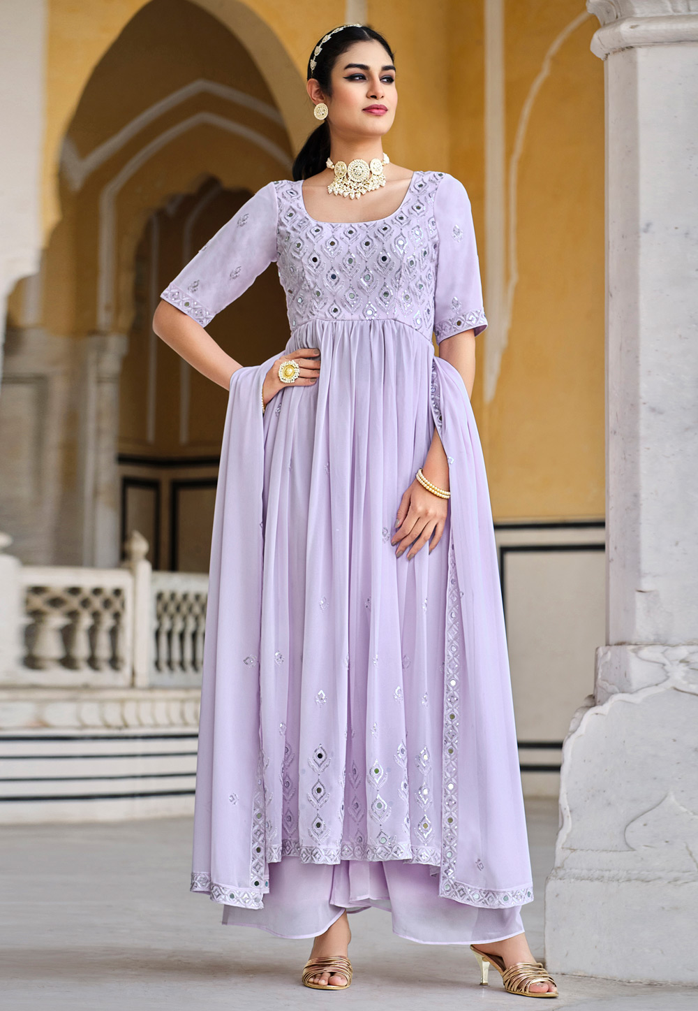 Lavender Georgette Readymade Palazzo Suit 261537