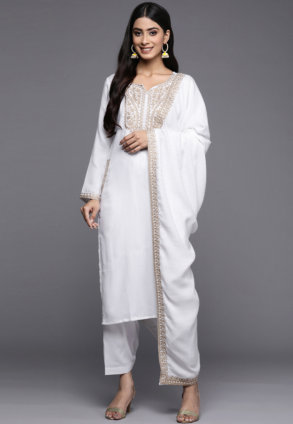 White Pashmina Readymade Pant Style Suit 268150