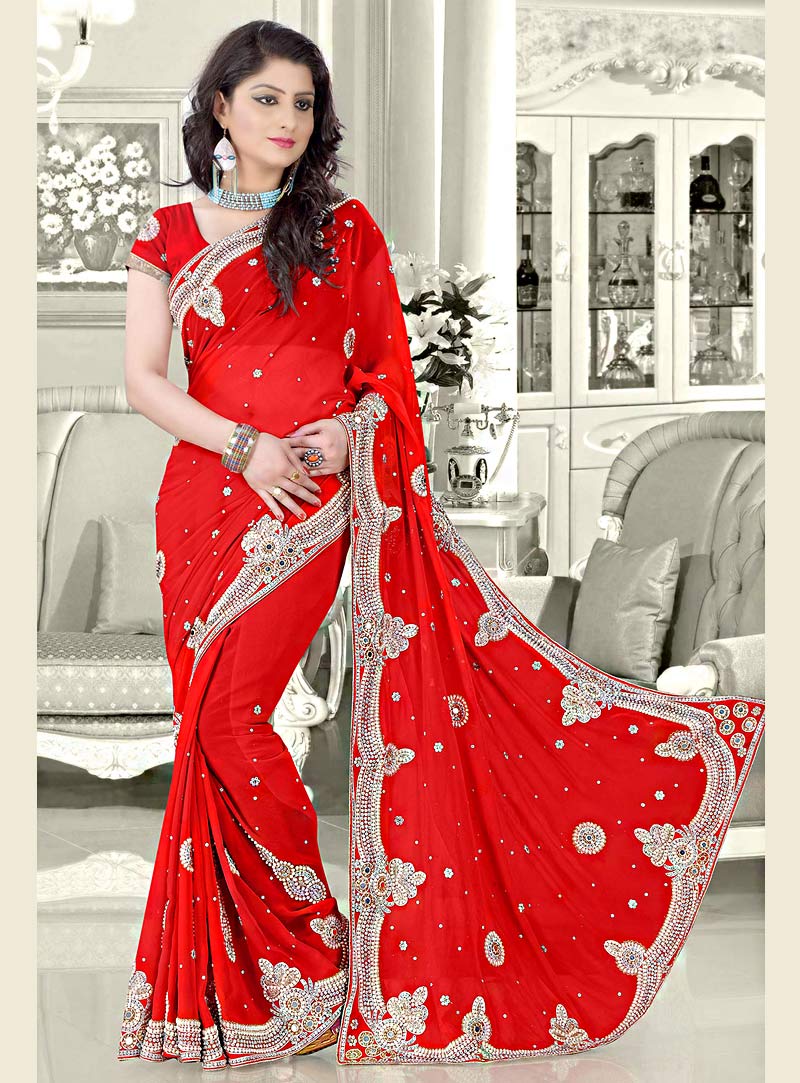 Red Faux Georgette Wedding Saree 70452