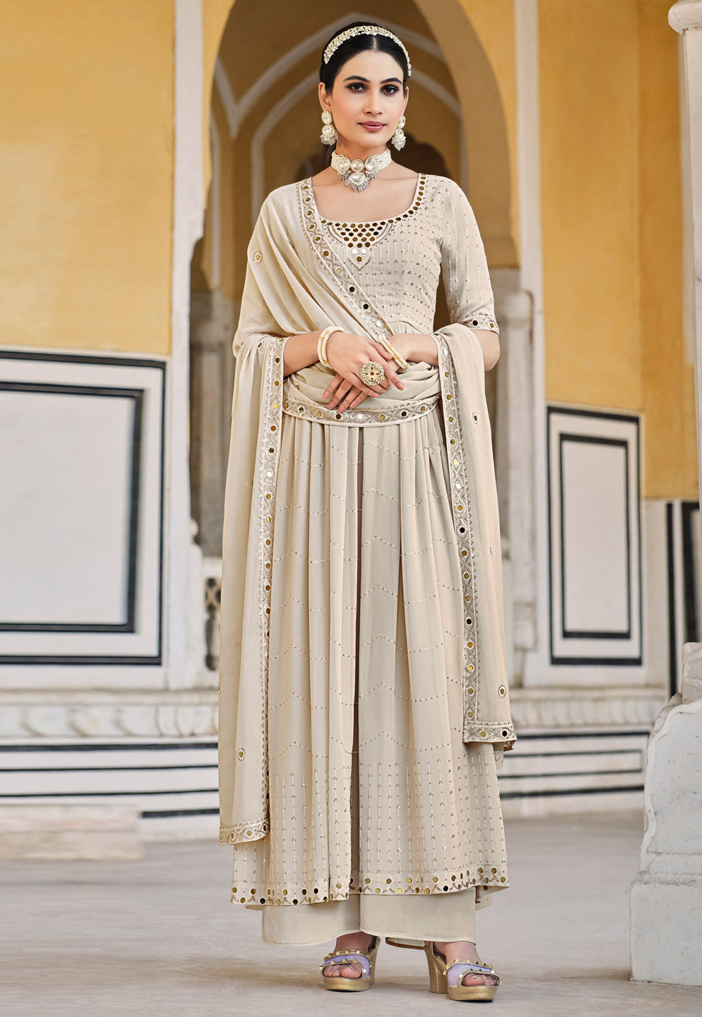 Beige Georgette Readymade Palazzo Suit 261539