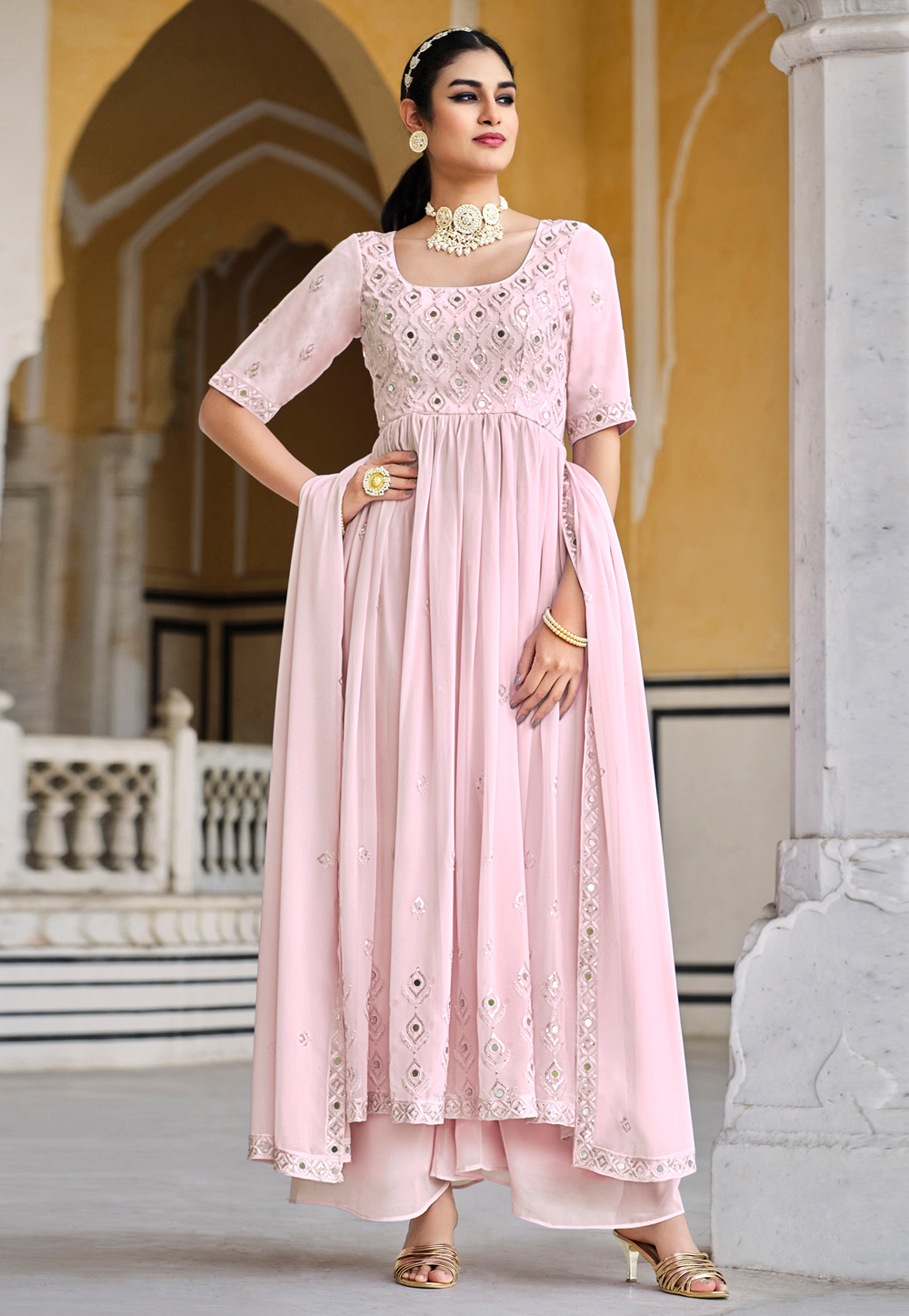 Pink Georgette Readymade Palazzo Suit 261541