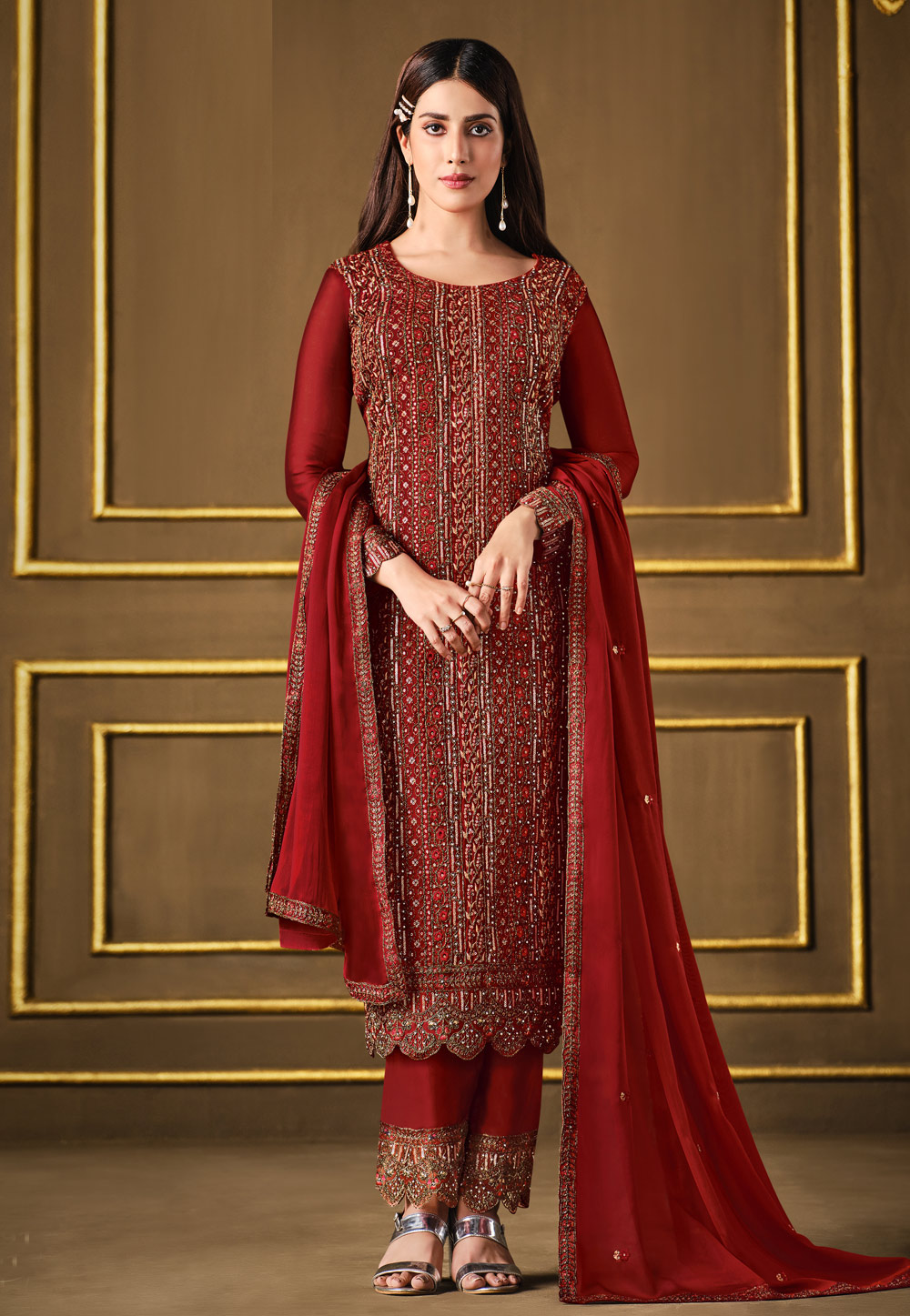 Red Georgette Pant Style Suit 245891