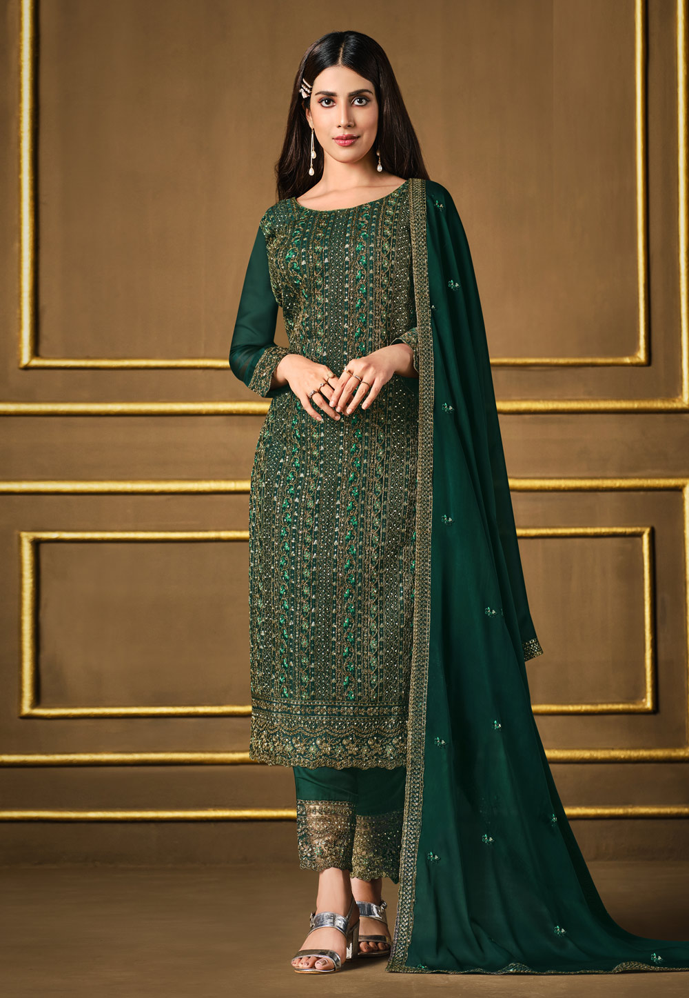 Green Georgette Straight Cut Suit 245892