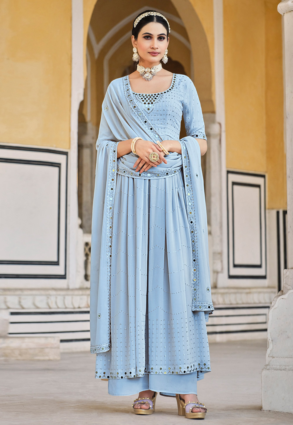 Sky Blue Georgette Readymade Palazzo Suit 261543