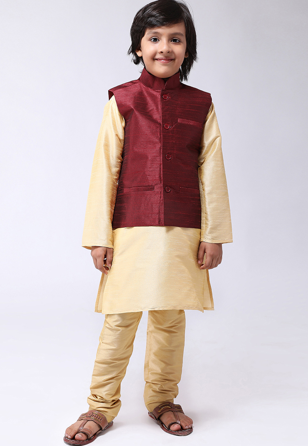 Beige Silk Kids Readymade Kurta Pajama With Nehru Jacket 190738